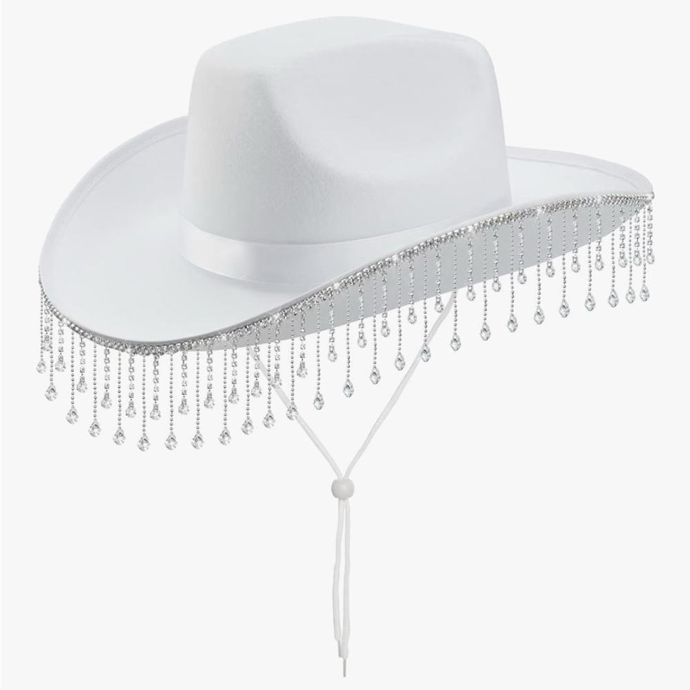 Elegant White Cowboy Hat with Rhinestone Fringe